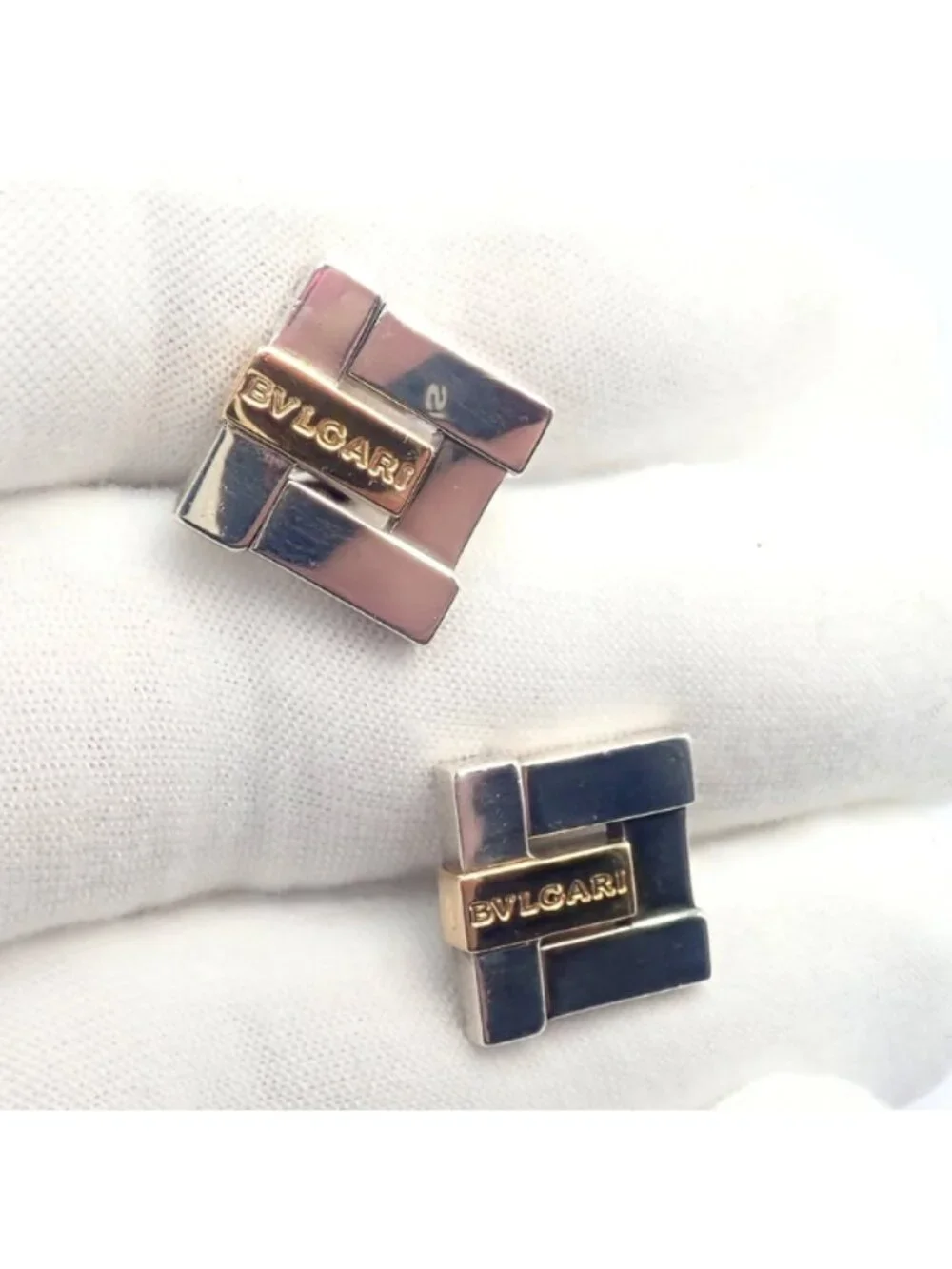 Authentic! Bulgari Bvlgari 18k Yellow Gold + Sterling Silver Square Cufflinks